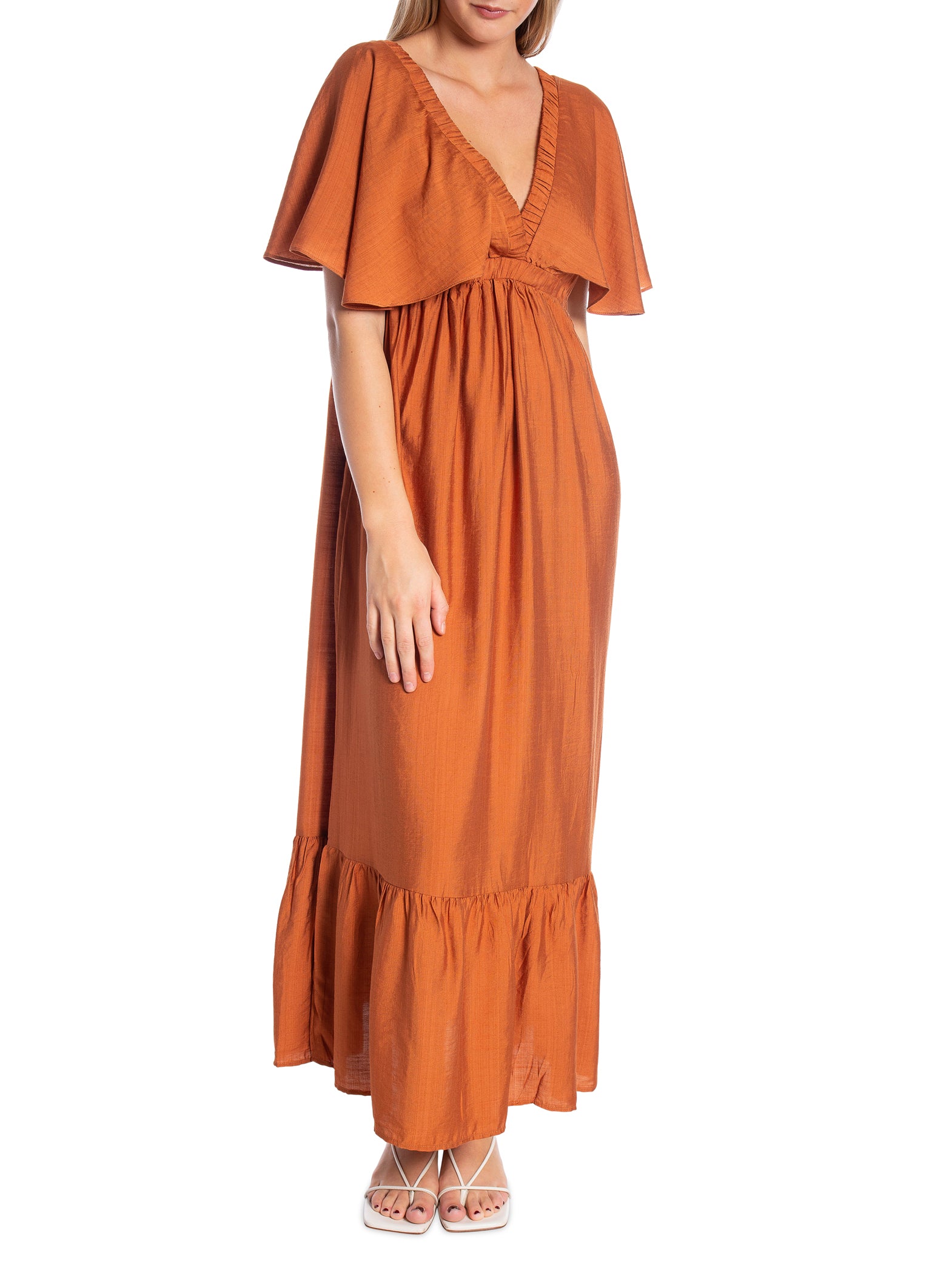 COPPEROSE KLÄNNING V-NECK FLUTTER SLEEVE RUST_98156.jpg