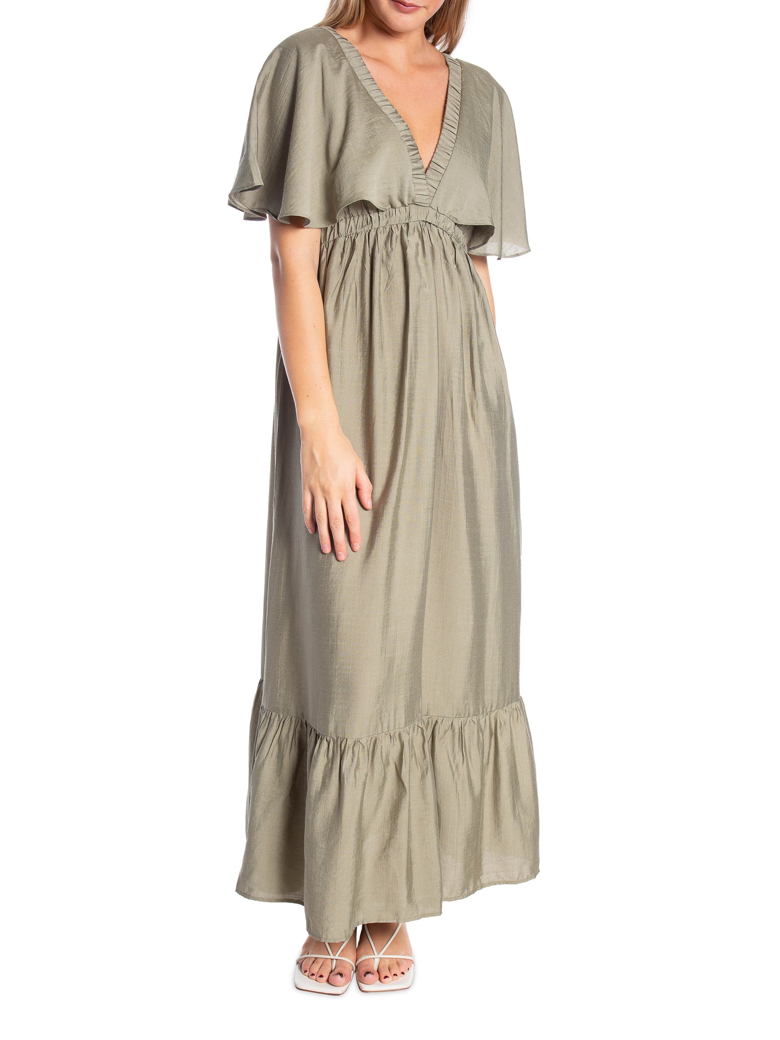COPPEROSE KLÄNNING V-NECK FLUTTER SLEEVE KAKI_98158.jpg
