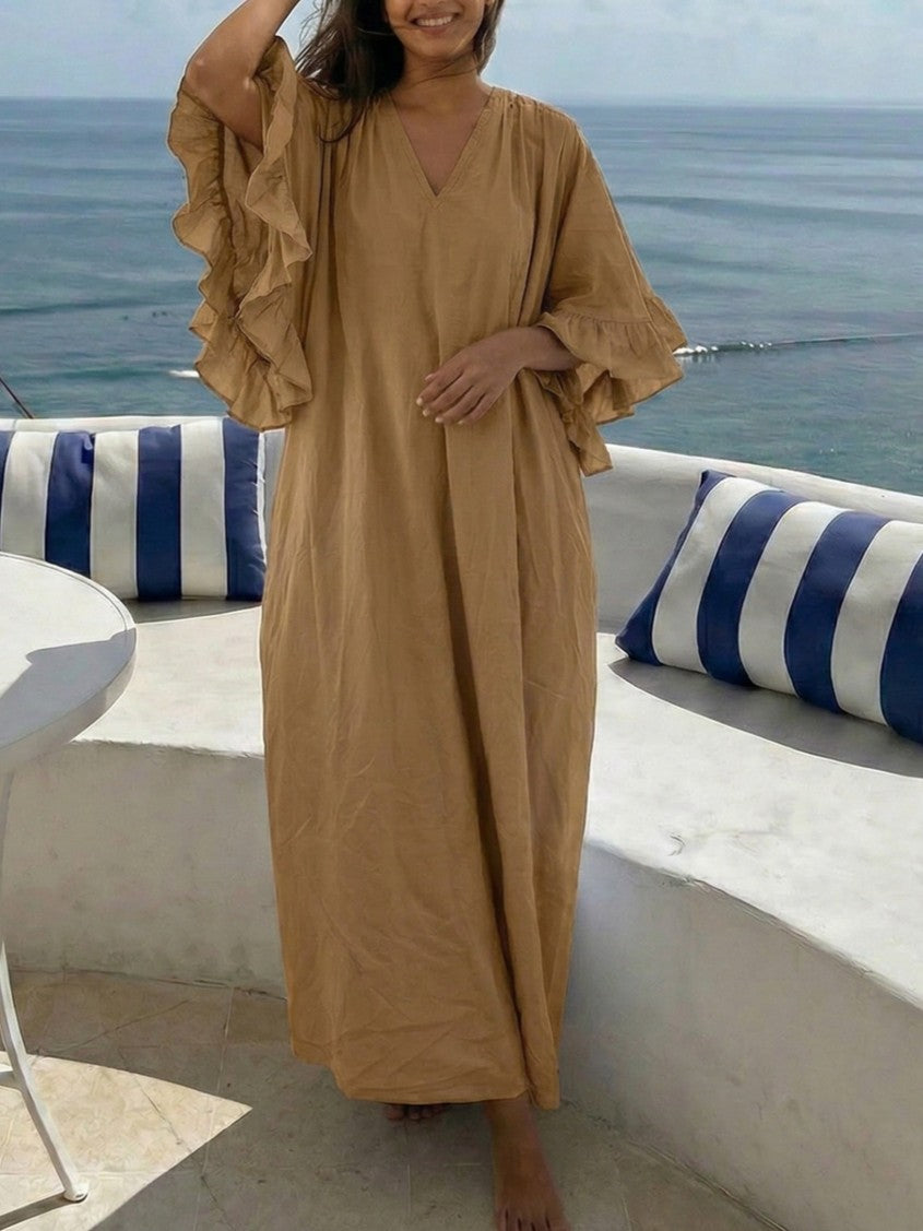 KLÄNNING VOLUMINOUS TIERED RUFFLE SLEEVE LONG CAMEL_109114.jpg