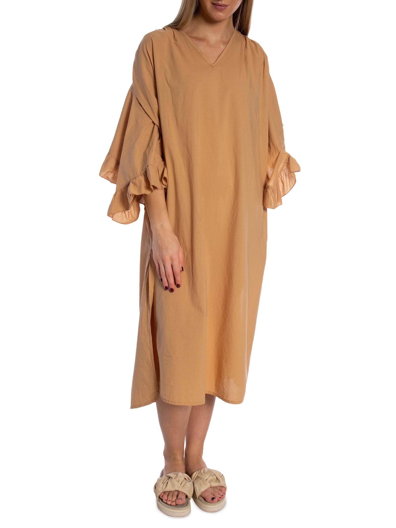 KLÄNNING VOLUMINOUS TIERED RUFFLE SLEEVE LONG CAMEL_109370.jpg
